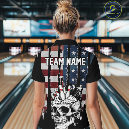 Vintage American Flag retro skull bowling shirts for Women Custom patriotic Bowling Team Outfit NQS10048