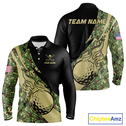 Mens Golf polo shirts flame golf ball Custom green camo Golf attire For Mens, personalized golf gifts NQS10052