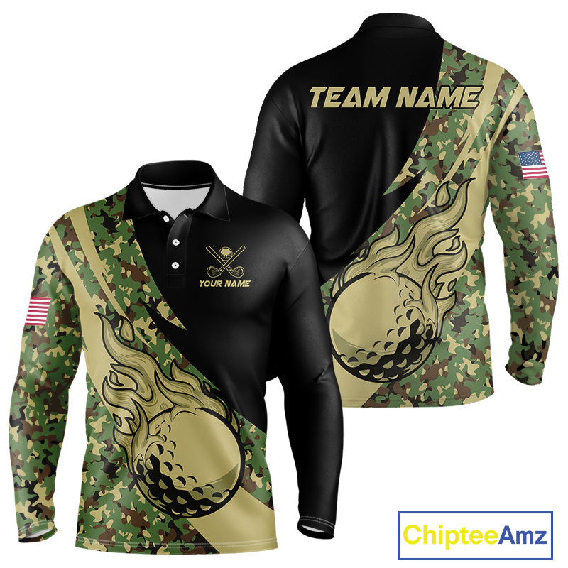 Mens Golf polo shirts flame golf ball Custom green camo Golf attire For Mens, personalized golf gifts NQS10052