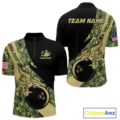 Mens bowling polo, quarter zip shirts Custom green camo bowling team jerseys, gift for team Bowlers NQS10053