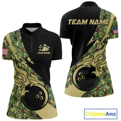 Women bowling polo, quarter zip shirts Custom green camo bowling team jerseys, gift for team Bowlers NQS10053