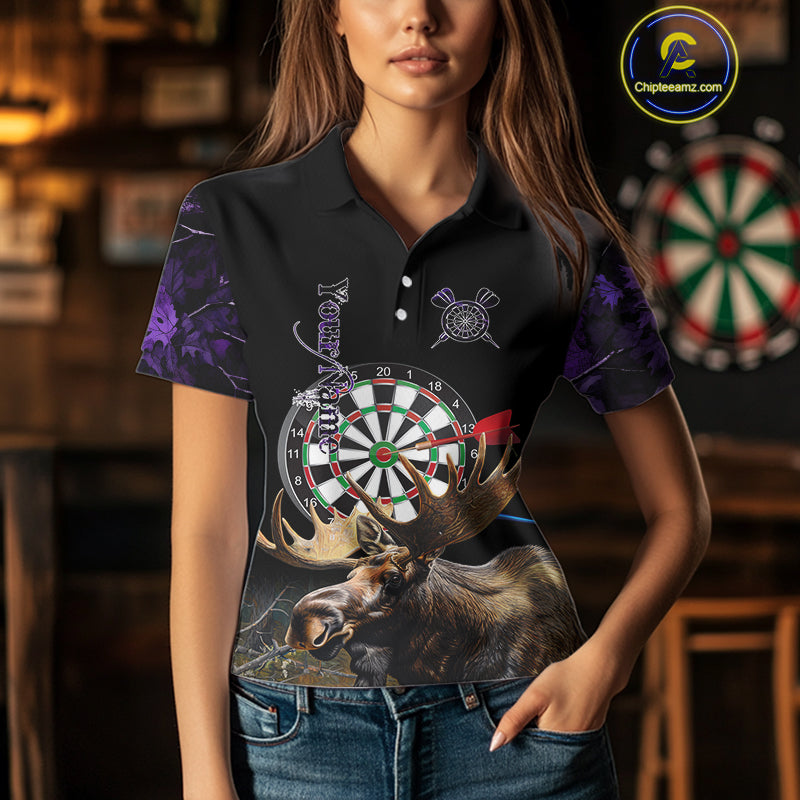 Personalized Black and Purple Camo Moose Darts Shirts For Women Custom Darts Team Jerseys NQS10976