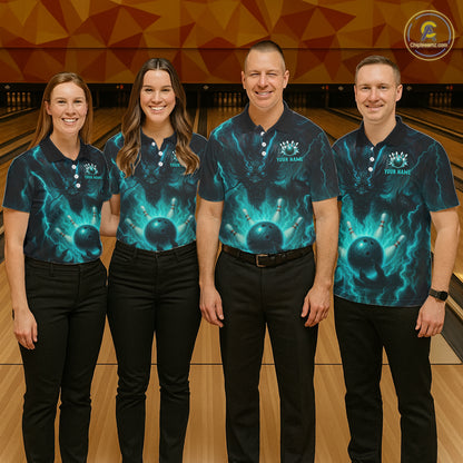Personalized Black and Turquoise Flame Lightning Dragon Bowling Shirts For Men, Team Bowling Jerseys NQS11168