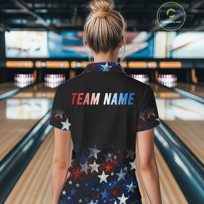 Personalized Red, White and Blue Stars Pattern Bowling Team Shirts For Women Patriotic Bowling Gifts NQS11169
