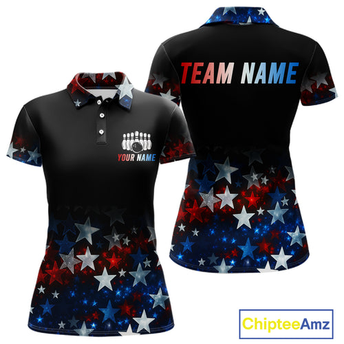 Personalized Red, White and Blue Stars Pattern Bowling Team Shirts For Women Patriotic Bowling Gifts NQS11169