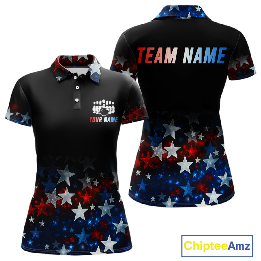 Personalized Red, White and Blue Stars Pattern Bowling Team Shirts For Women Patriotic Bowling Gifts NQS11169