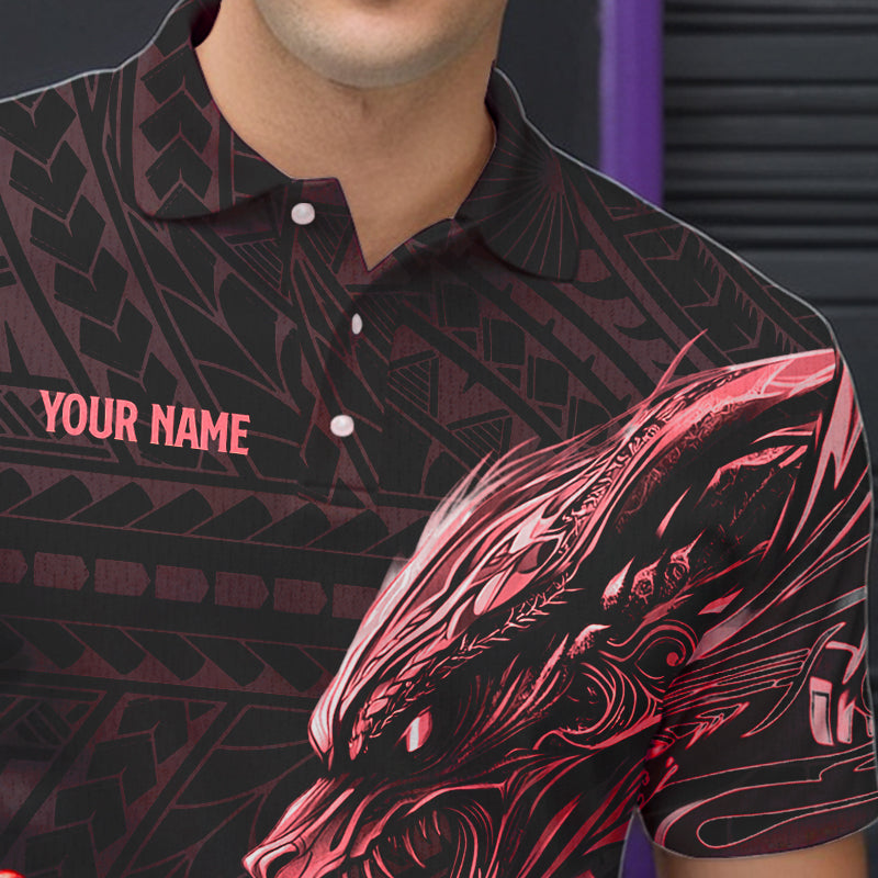 Black and Red Dragon Tribal Bowling Polo, 1/4 Zip Shirts For Men Custom Retro Bowling Team Jerseys NQS9629