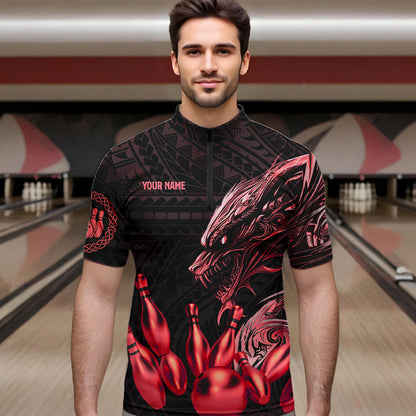 Black and Red Dragon Tribal Bowling Polo, 1/4 Zip Shirts For Men Custom Retro Bowling Team Jerseys NQS9629