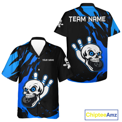 Black and Blue Skull Bowling Button-up Shirt Custom Team bowling Hawaiian jersey, gift for bowlers NQS11708