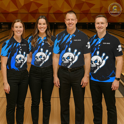 Black and Blue Skull Bowling Shirts for Women Custom Team bowling jersey, gift for bowlers NQS11708