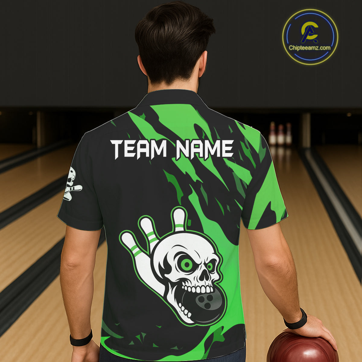 Black and Green Skull Bowling Button-up Shirt Custom Team bowling Hawaiian jersey, gift for bowlers NQS11709