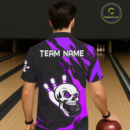 Black and Purple Skull Bowling Button-up Shirt Custom Team bowling Hawaiian jersey, gift for bowlers NQS11710