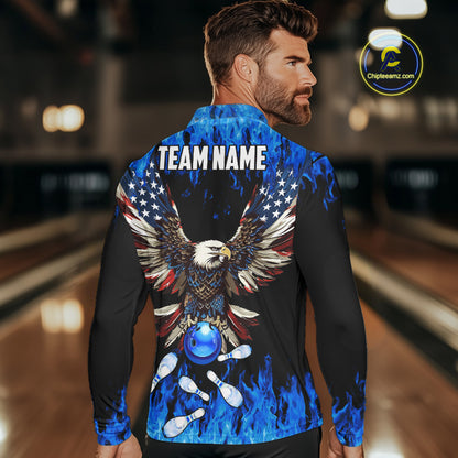 Blue flame Mens bowling polo shirts Custom American flag Eagle Team bowling shirts, gift for bowlers NQS7403