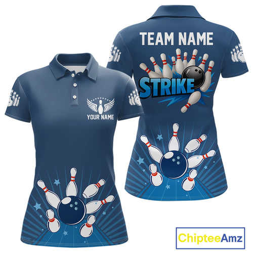 Strike Bowling Polo, Quarter-Zip Shirts For Women Custom Bowling Team Jerseys Bowlers Outfit | Blue NQS9926