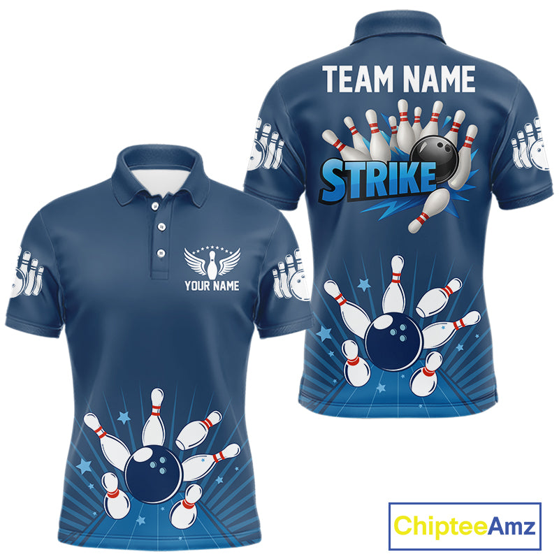 Strike Bowling Polo, Quarter-Zip Shirts For Men Custom Bowling Team Jerseys Bowlers Outfit | Blue NQS9926