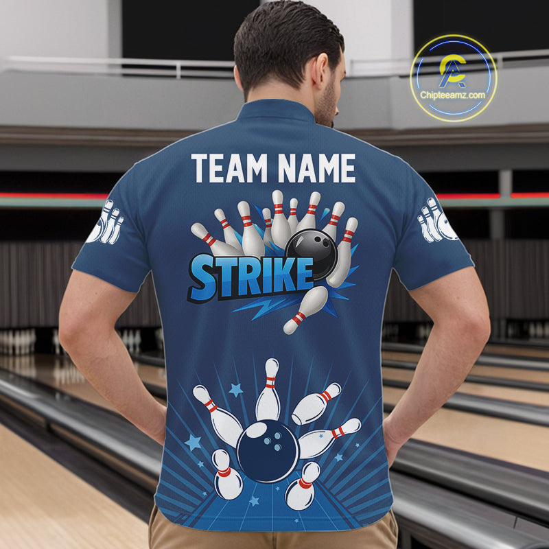 Strike Bowling Polo, Quarter-Zip Shirts For Men Custom Bowling Team Jerseys Bowlers Outfit | Blue NQS9926