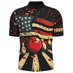 American Flag Retro bowling Mens Polo, Quarter Zip shirts, Custom Patriotic Bowling Team Jerseys NQS7731