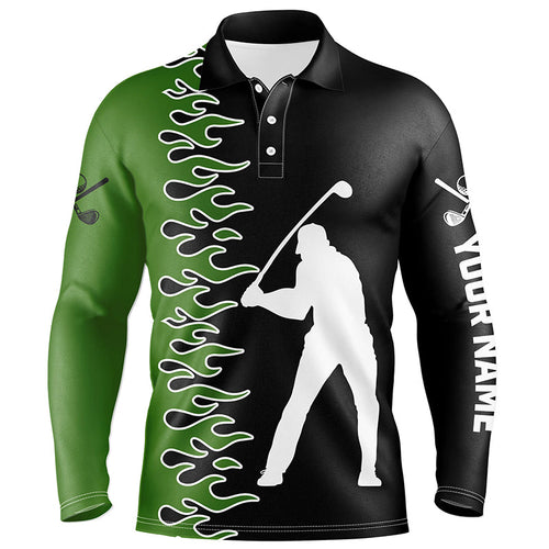 Black and Green Flame custom Mens golf polo shirts, golf outfits men gifts for golf lovers NQS7732