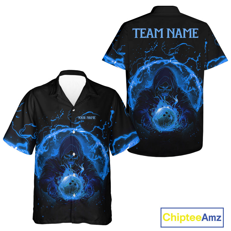 Bowling Hawaiian Shirt Custom blue flame skull bowling team button up shirt, gift for Bowlers NQS10056