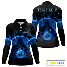 Load image into Gallery viewer, Women bowling polo, 1/4 zip shirts Custom blue flame skull bowling team jerseys, gift for Bowlers NQS10056