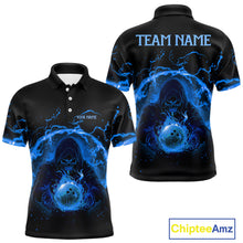Load image into Gallery viewer, Mens bowling polo, 1/4 zip shirts Custom blue flame skull bowling team jerseys, gift for Bowlers NQS10056