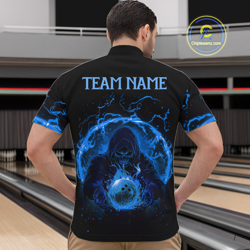 Mens bowling polo, 1/4 zip shirts Custom blue flame skull bowling team jerseys, gift for Bowlers NQS10056