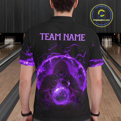 Mens bowling polo, 1/4 zip shirts Custom purple flame skull bowling team jerseys, gift for Bowlers NQS10057