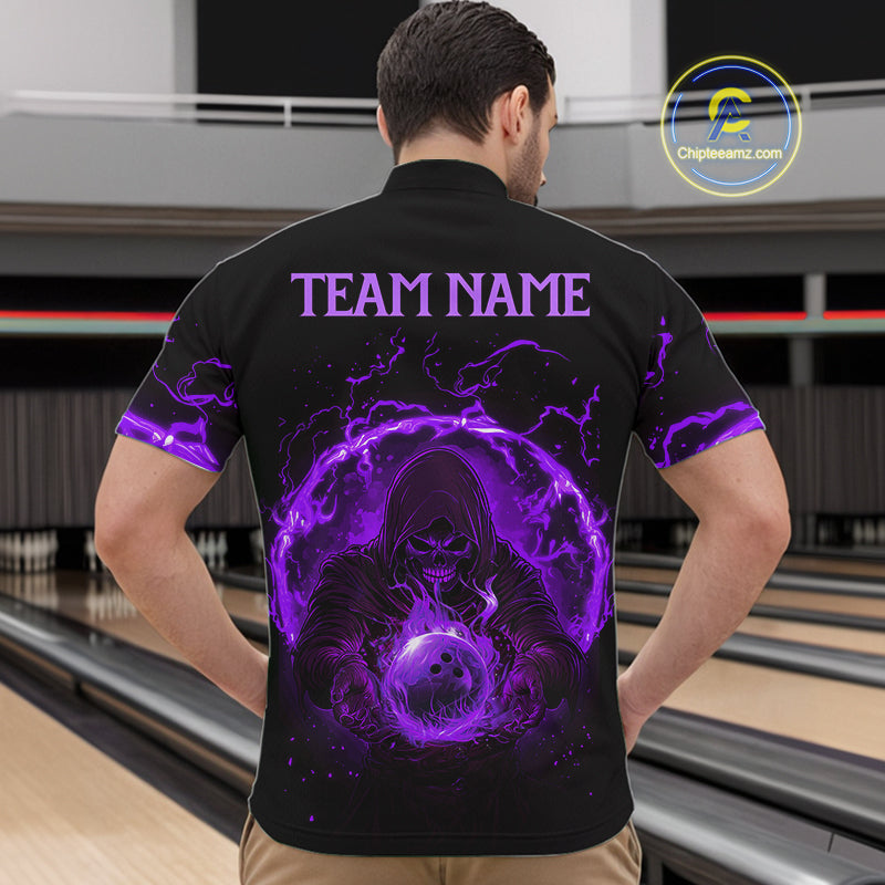 Mens bowling polo, 1/4 zip shirts Custom purple flame skull bowling team jerseys, gift for Bowlers NQS10057