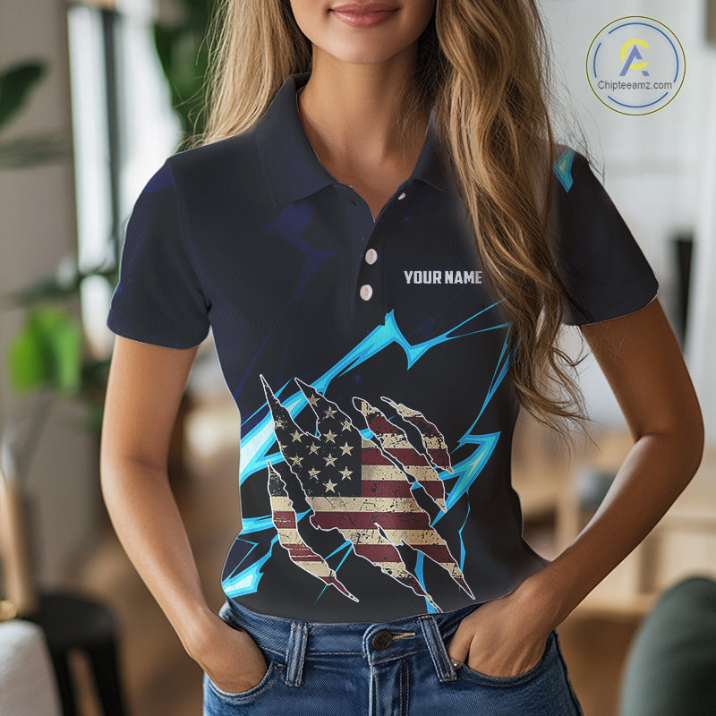 Vintage American Flag blue lightning Women Golf polo shirts Custom patriotic Golf outfit For ladies NQS10059