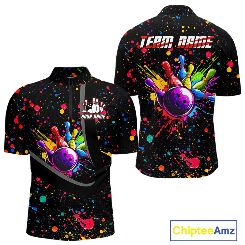 Colorful bowling jerseys Bowling Polo, 1/4 Zip Shirt for Men Custom Bowling Team shirts for bowlers NQS10363
