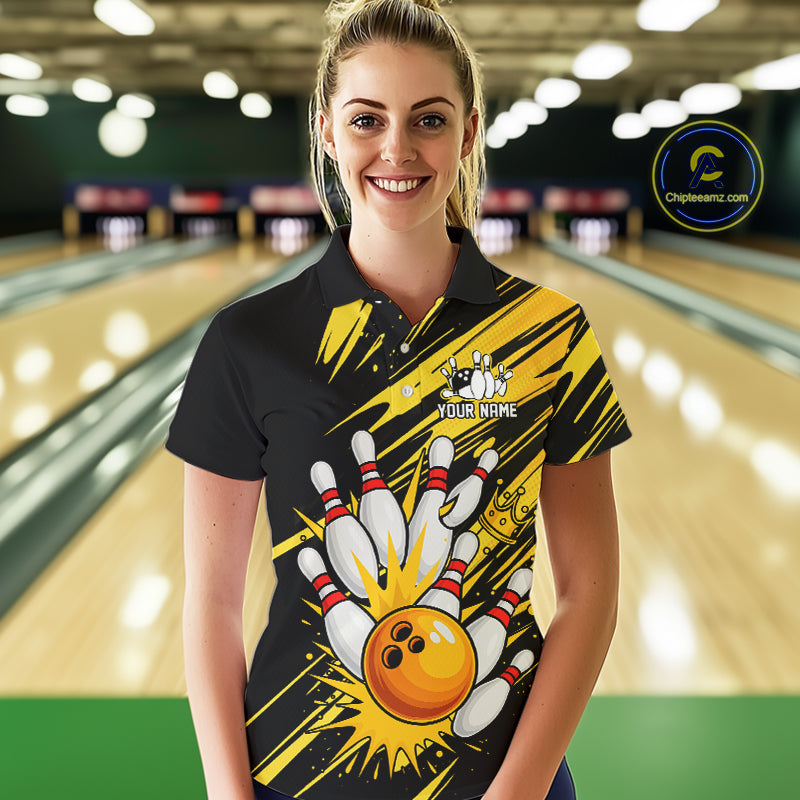 Black and Yellow Bowling Polo, 1/4 Zip Shirt for Women Custom Bowling Team shirts for bowlers NQS10365