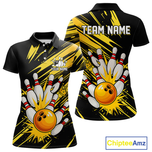 Black and Yellow Bowling Polo, 1/4 Zip Shirt for Women Custom Bowling Team shirts for bowlers NQS10365