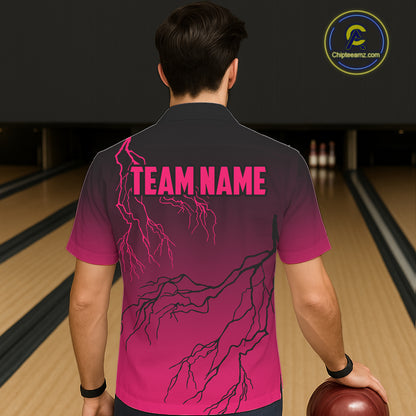 Black and Pink gradient storm Lightning thunder Bowling Hawaiian shirts Custom Bowling Team Jerseys NQS11170