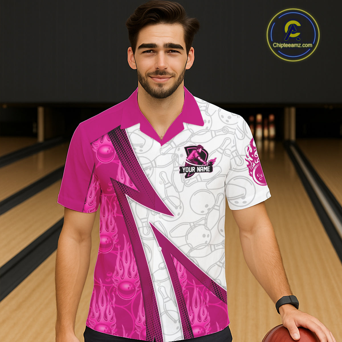Custom Bowling Hawaiian Shirt Pink flame camo Bowling Button up shirts, Bowling Team jerseys NQS11585