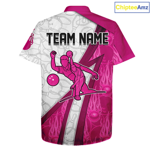 Custom Bowling Hawaiian Shirt Pink flame camo Bowling Button up shirts, Bowling Team jerseys NQS11585