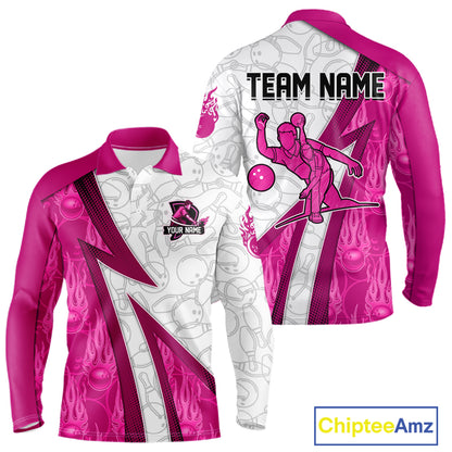 Custom Bowling Polo, Quarter Zip Shirt For Men Pink flame camo Bowling shirts, Bowling Team jerseys NQS11585