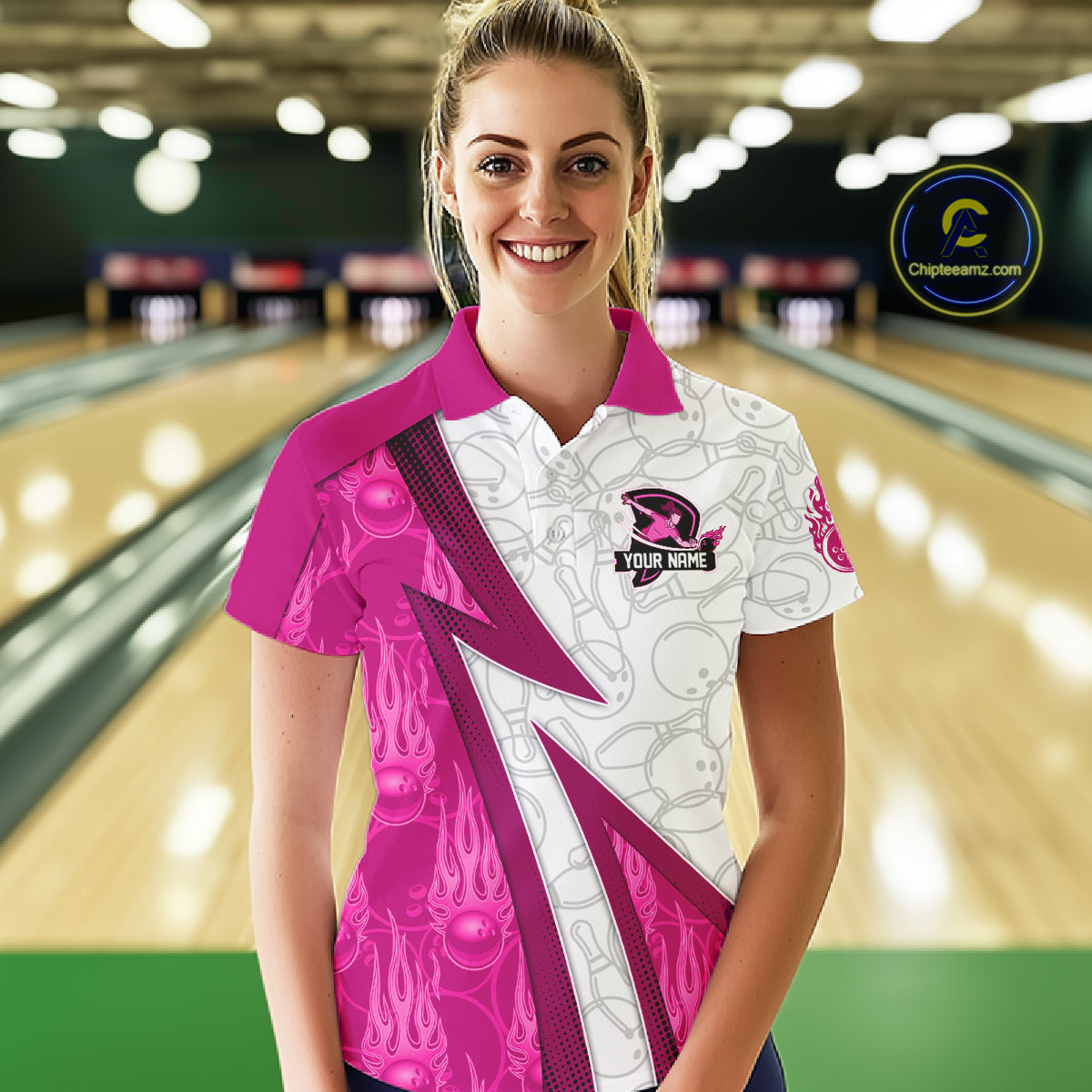 Custom Bowling Polo, Quarter Zip Shirt For Women Pink flame camo Bowling shirts, Bowling Team jerseys NQS11585