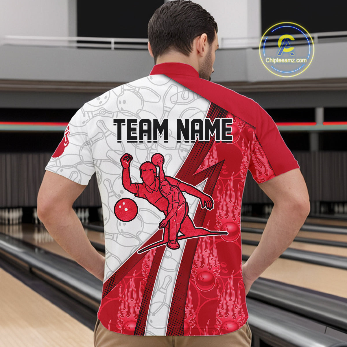 Custom Bowling Polo, Quarter Zip Shirt For Men Red flame camo Bowling shirts, Bowling Team jerseys NQS11586