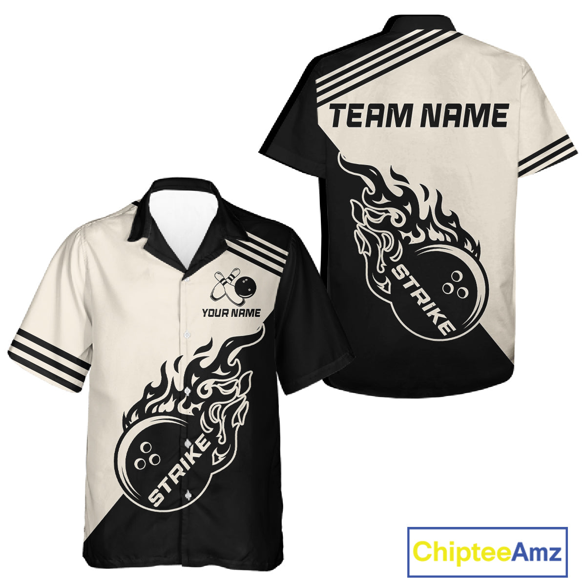 Custom Retro Beige and Black Flame Bowling Button-up Shirt, Vintage Team Bowling League jerseys NQS11590