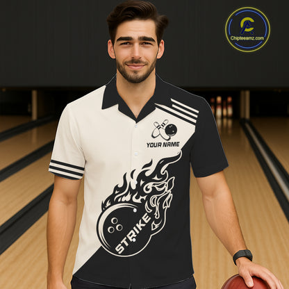 Custom Retro Beige and Black Flame Bowling Button-up Shirt, Vintage Team Bowling League jerseys NQS11590