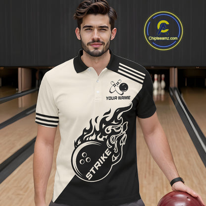 Custom Retro Beige and Black Flame Bowling Shirts For Men, Vintage Team Bowling League jerseys NQS11590