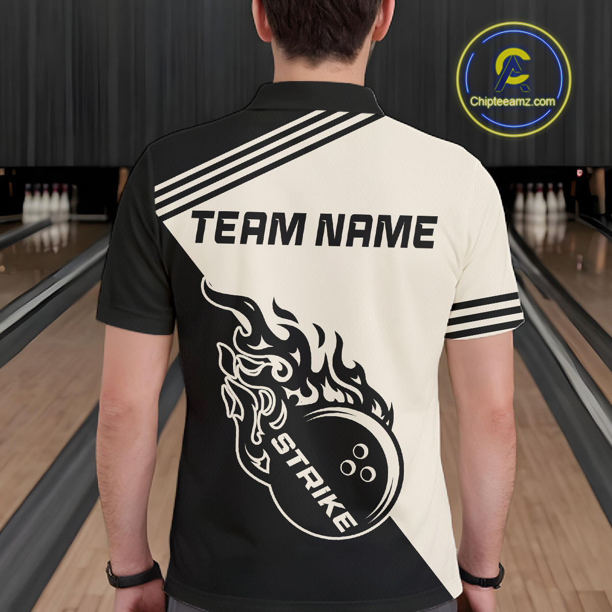 Custom Retro Beige and Black Flame Bowling Shirts For Men, Vintage Team Bowling League jerseys NQS11590