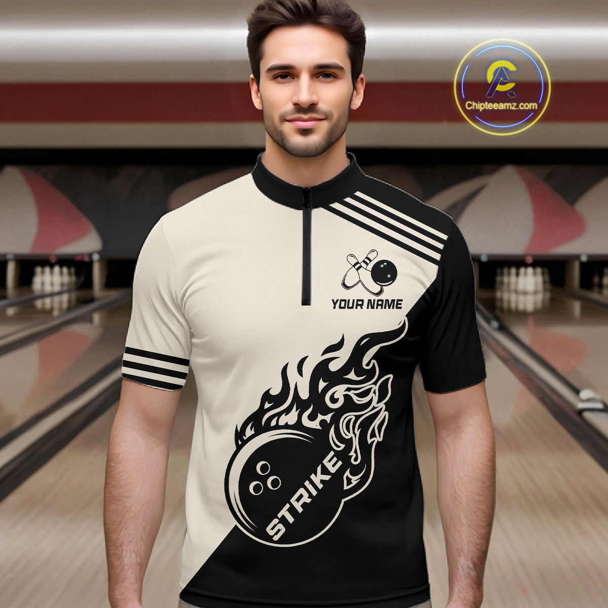 Custom Retro Beige and Black Flame Bowling Shirts For Men, Vintage Team Bowling League jerseys NQS11590