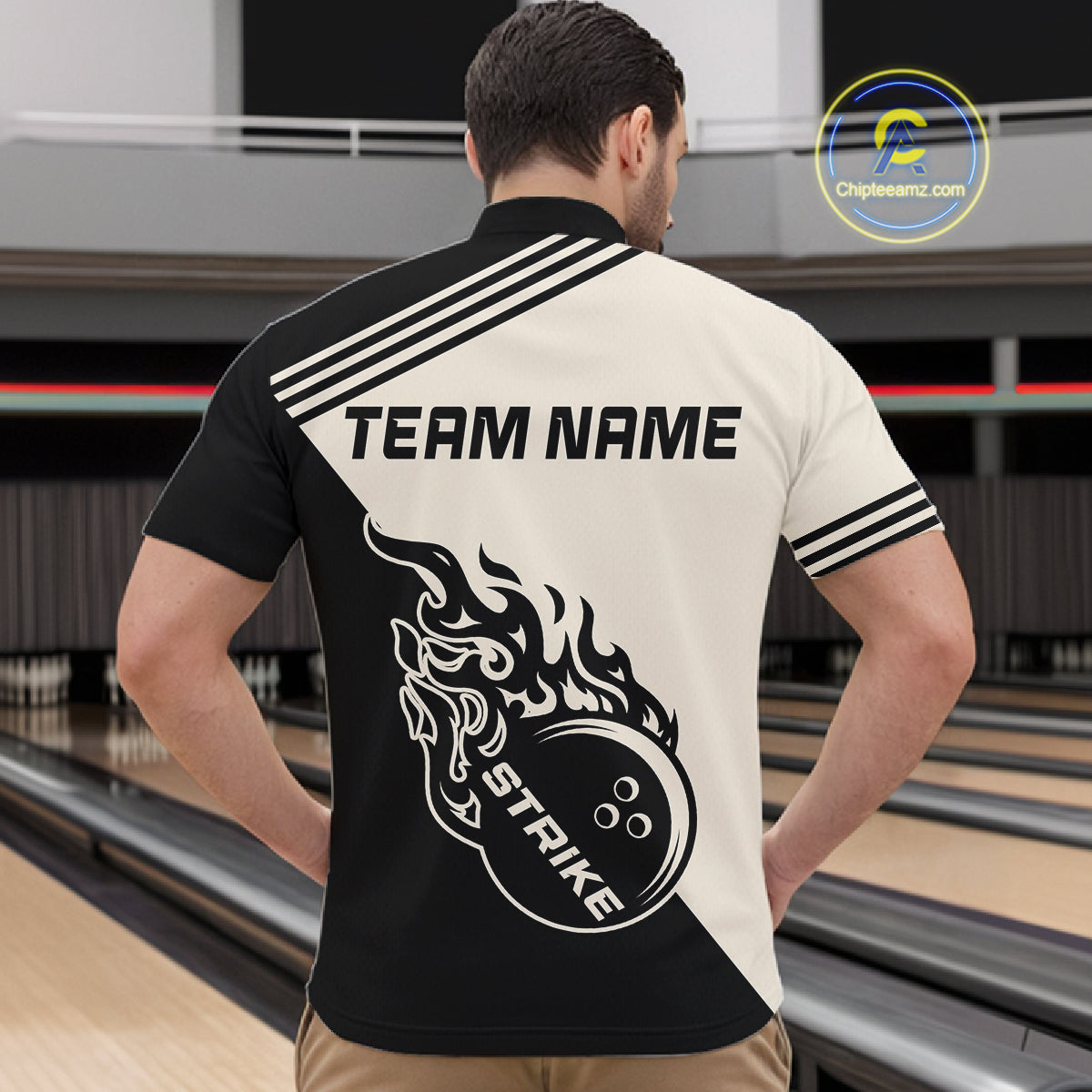 Custom Retro Beige and Black Flame Bowling Shirts For Men, Vintage Team Bowling League jerseys NQS11590