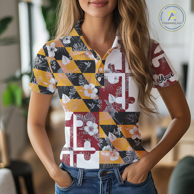Maryland Flag tropical flower pattern Women Golf polo shirts Custom ladies patriotic golf shirts NQS10064