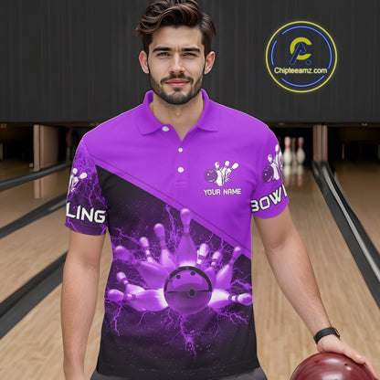 Men bowling polo, quarter zip shirts Custom purple lightning thunder Bowling Team Jersey Bowlers Gift NQS10591