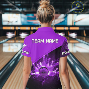 Women bowling polo, 1/4 zip shirts Custom purple lightning thunder Bowling Team Jersey Bowlers Gift NQS10591