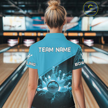 Load image into Gallery viewer, Women bowling polo, 1/4 zip shirt Custom light blue lightning thunder Bowling Team Jersey Bowler Gift NQS10592