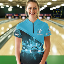 Load image into Gallery viewer, Women bowling polo, 1/4 zip shirt Custom light blue lightning thunder Bowling Team Jersey Bowler Gift NQS10592