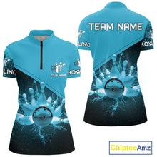 Load image into Gallery viewer, Women bowling polo, 1/4 zip shirt Custom light blue lightning thunder Bowling Team Jersey Bowler Gift NQS10592